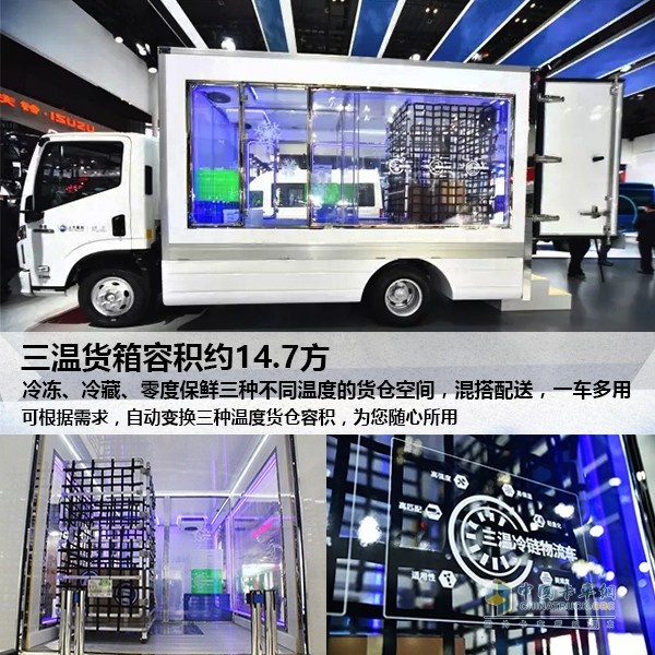 這臺躍進C300-33三溫冷鏈車采用透明玻璃貨廂，并使用聚氨酯泡沫作為廂體材料，導熱差、隔熱好、強度高就是它的優(yōu)勢所在。不僅如此，貨廂采用的是模塊化設計結(jié)合半自動化拼裝工藝，有效確保廂體密封。