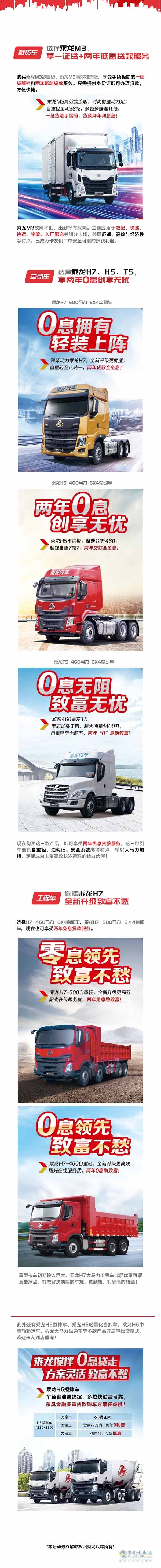 乘龍汽車(chē)四大品系車(chē)型的具體免息金融政策