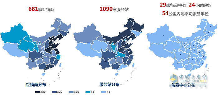 一汽解放現(xiàn)有近700家經(jīng)銷商，千余家服務(wù)站，29家備品中心