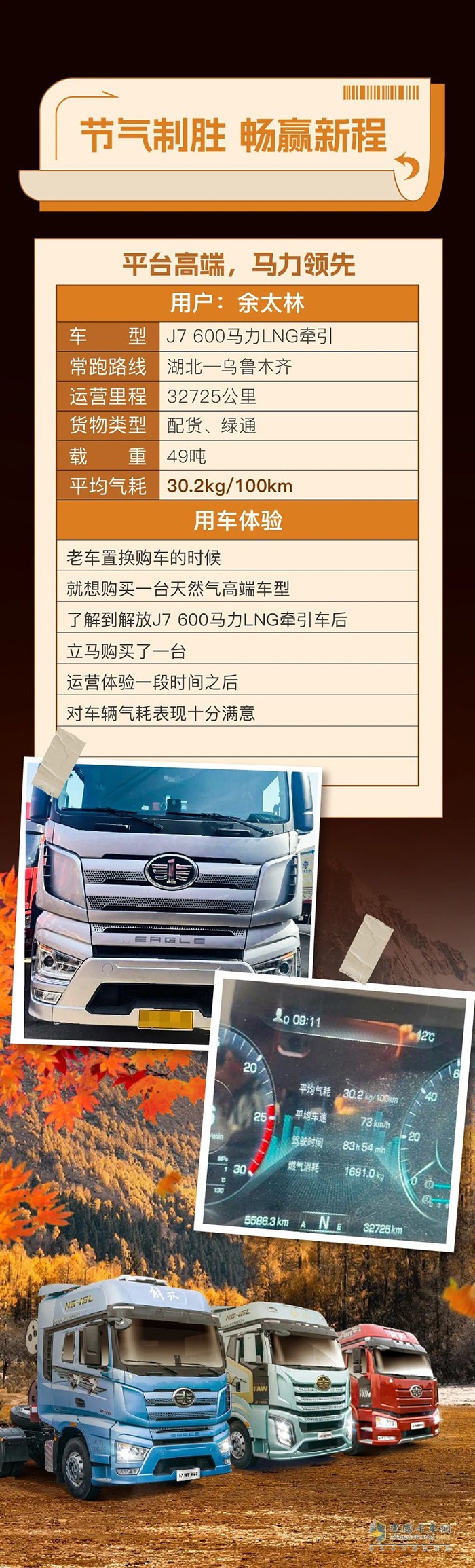 百公里氣耗30.2kg！解放J7 600馬力LNG牽引車(chē)助力余師傅暢行新疆毫無(wú)壓力